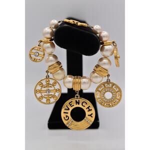 Givenchy Vintage Pearl Charm Bracelet Logo Medallions Gold Runway Signed Bin5